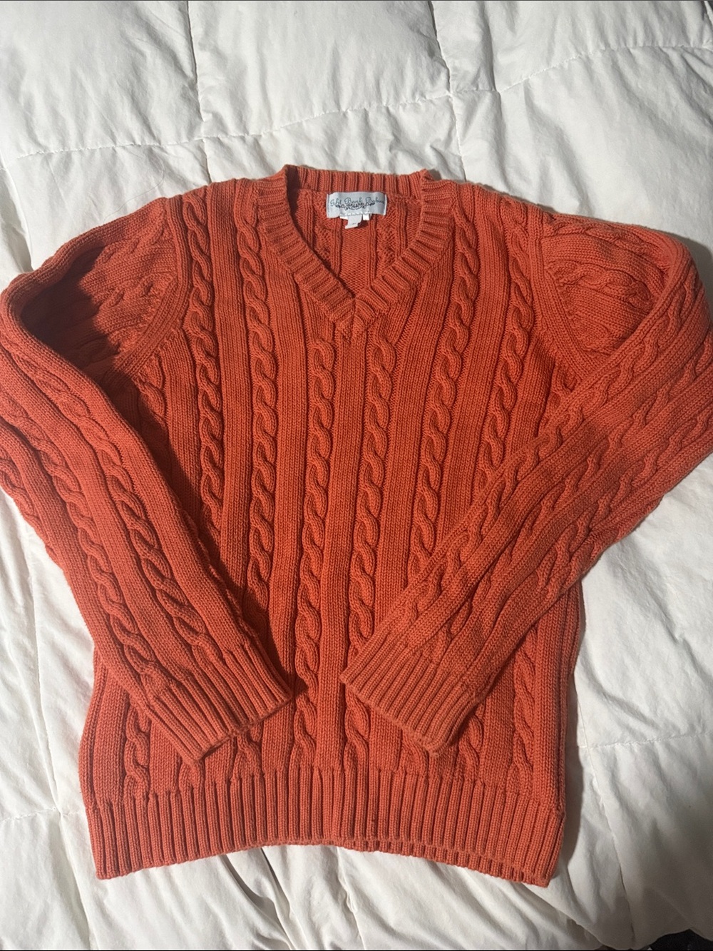 Boys Cable-Knit V-Neck Sweater in Rust Orange, 8Y